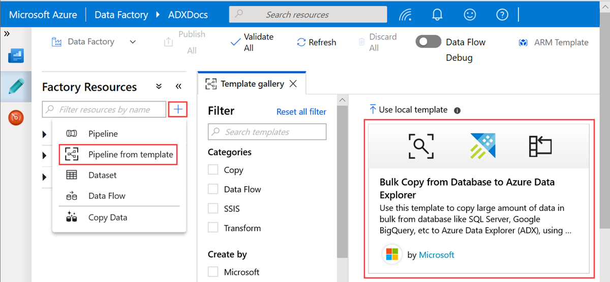 Šablona Hromadné kopírování z databáze do Azure Data Exploreru