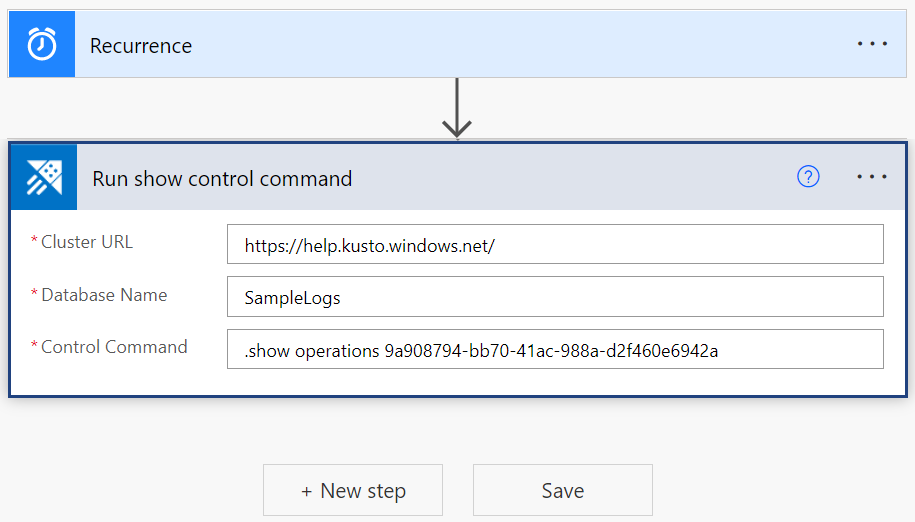 Snímek obrazovky s konektorem Azure Data Explorer zobrazující akci příkazu Spustit zobrazit správu