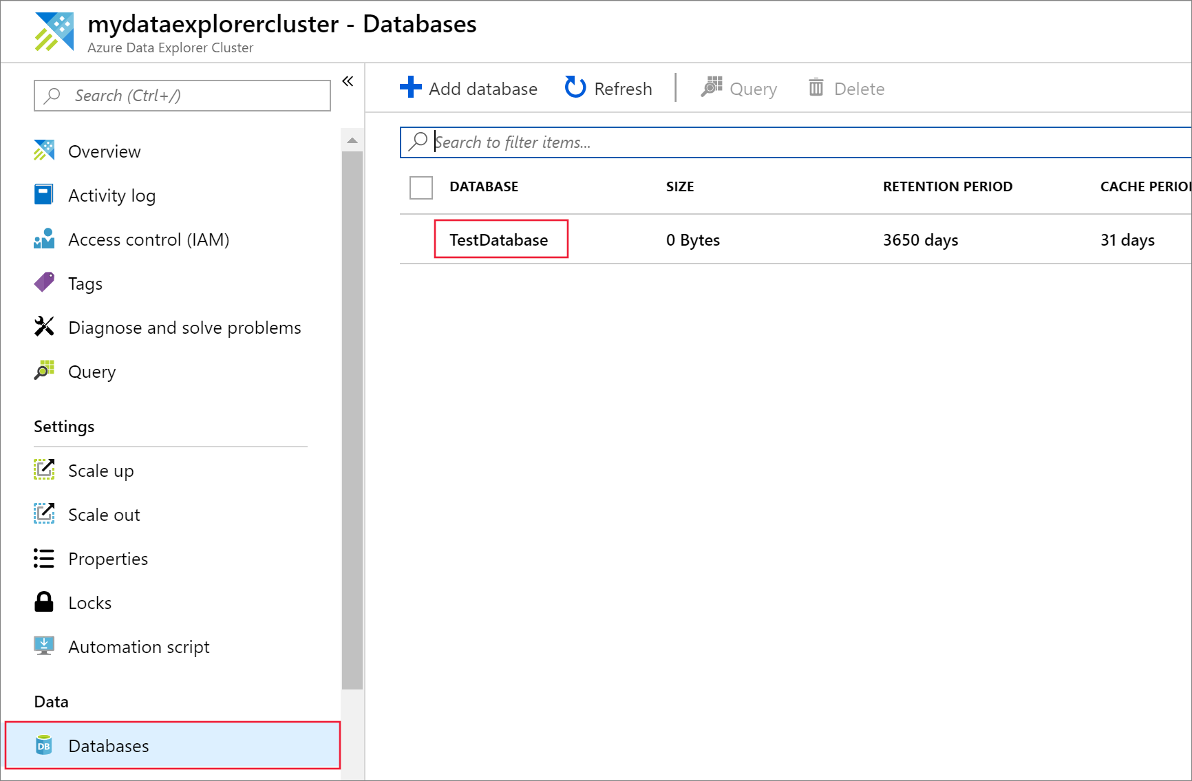 Snímek obrazovky levé nabídky Azure Data Explorer webové uživatelské prostředí s vybranou položkou Testovací databáze