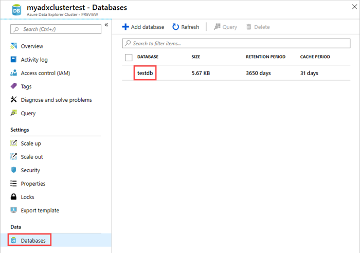 Snímek obrazovky webového uživatelského rozhraní Azure Data Explorer se seznamem databází s vybranou databází testdb