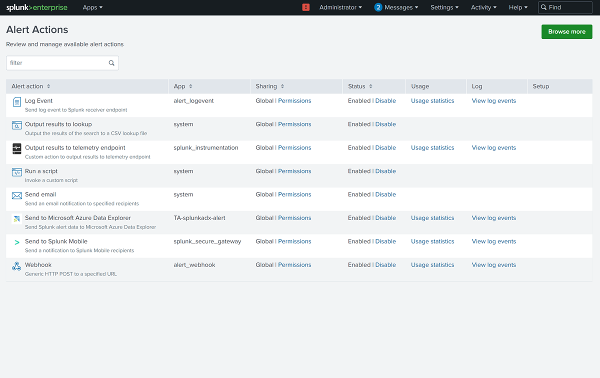 Snímek obrazovky se stránkou Akce upozornění zobrazující doplněk Azure Data Explorer