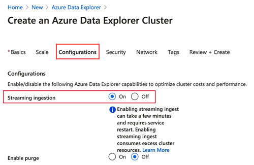 Při vytváření clusteru v Azure Data Exploreru povolte příjem dat streamování.