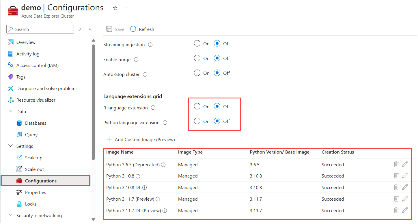 Snímek obrazovky se stránkou konfigurace clusteru Azure Data Explorer zobrazující možnosti povolení rozšíření jazyka