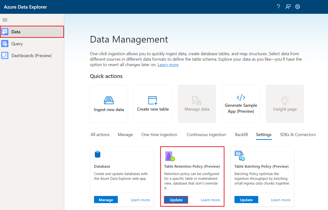 Snímek obrazovky správy dat znázorňující průvodce zásadami uchovávání informací v tabulce ve webovém uživatelském rozhraní Azure Data Explorer