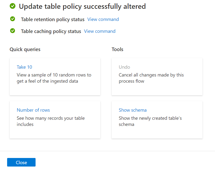 Snímek obrazovky s poslední obrazovkou v průvodci zásadami uchovávání informací v tabulce aktualizací pro Azure Data Explorer