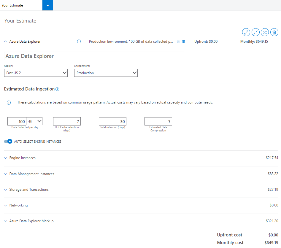 Snímek obrazovky s online cenovou kalkulačkou Azure Data Explorer