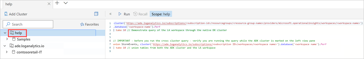 Snímek obrazovky znázorňující dotaz mezi službami z webového uživatelského rozhraní Azure Data Explorer