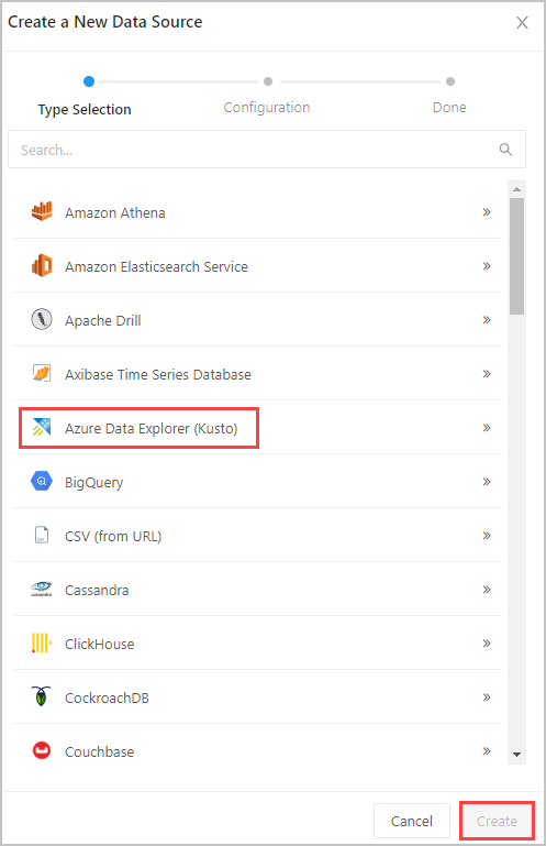 Vyberte Azure Data Explorer zdroj dat.
