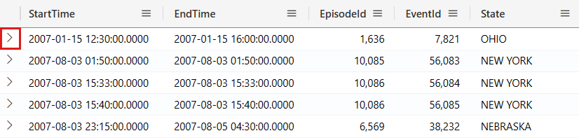 Snímek obrazovky s rozbaleným řádkem ve webovém uživatelském rozhraní Azure Data Exploreru