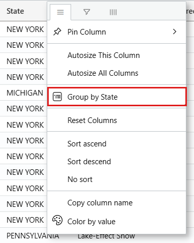 Snímek obrazovky tabulky s výsledky dotazu seskupenými podle stavu