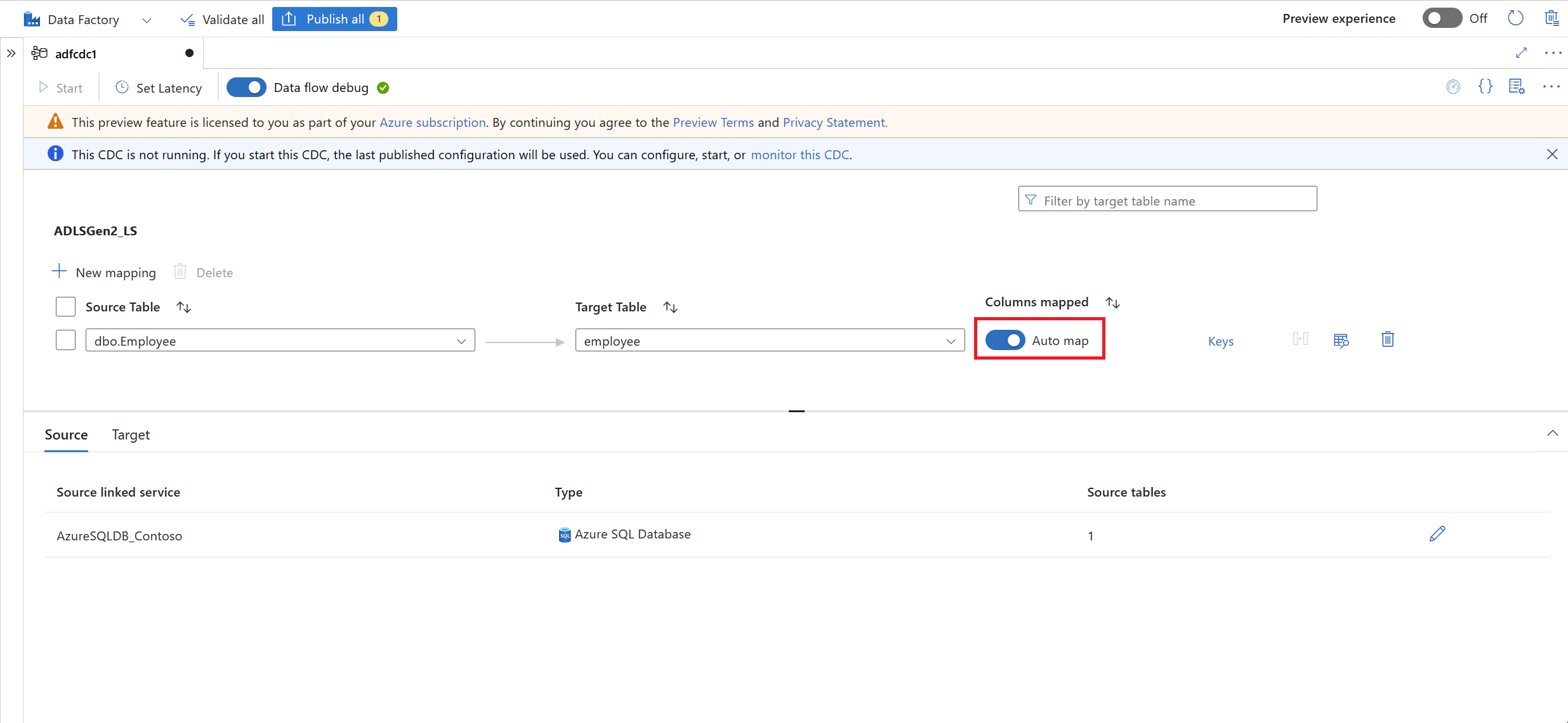 Snímek obrazovky s přepínačem pro zapnuté automatické mapování