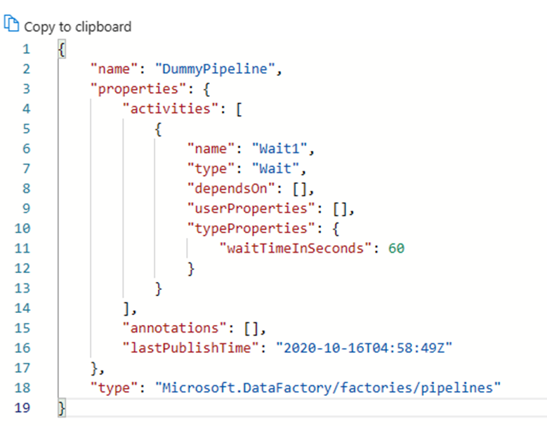 Snímek obrazovky znázorňující příklad JSON pro potrubí