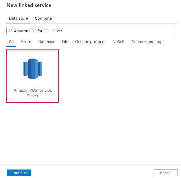 Snímek obrazovky s konektorem Amazon RDS pro SQL Server