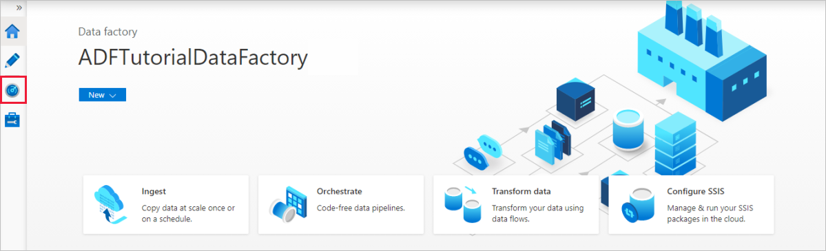 Snímek obrazovky znázorňující domovskou stránku služby Azure Data Factory