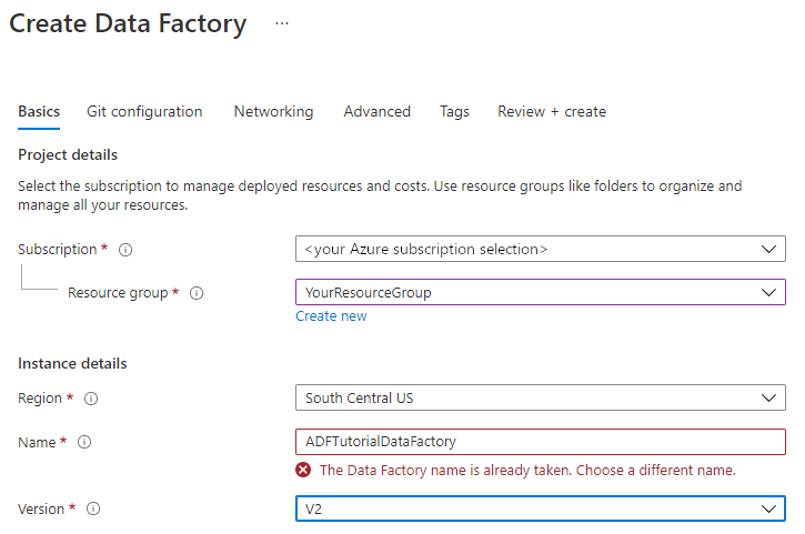 New data factory error message for duplicate name.