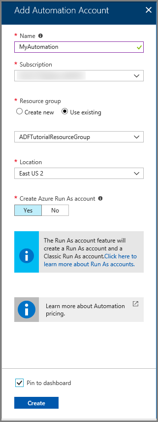 Snímek obrazovky znázorňující výběry pro přidání účtu Azure Automation