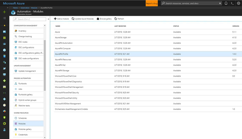 Snímek obrazovky se seznamem modulů ve službě Azure Automation