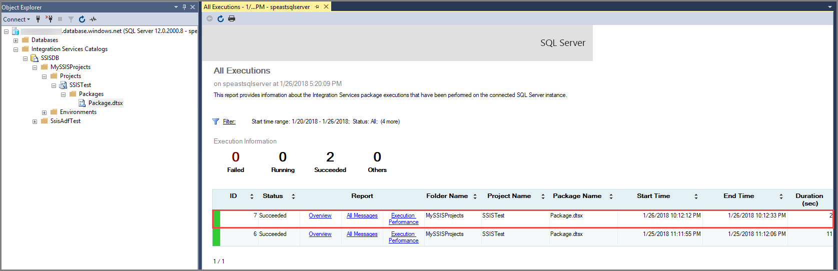 Snímek obrazovky znázorňující ověření spuštění balíčku SSIS