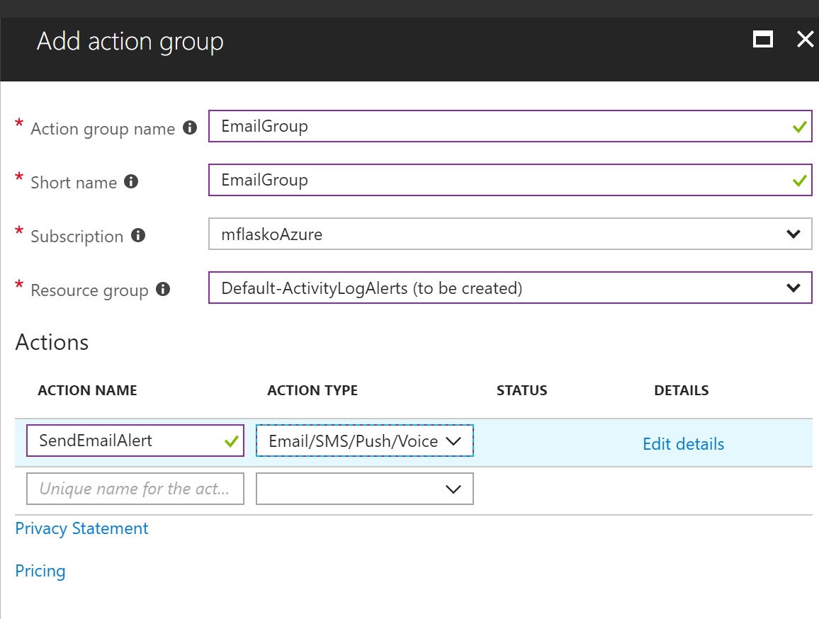 Screenshot that shows creating a new action group.