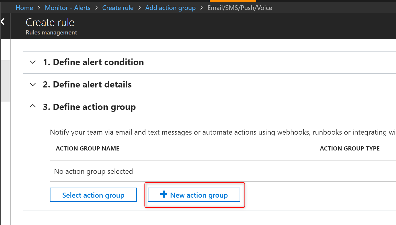Screenshot that shows creating a rule, with New action group highlighted.