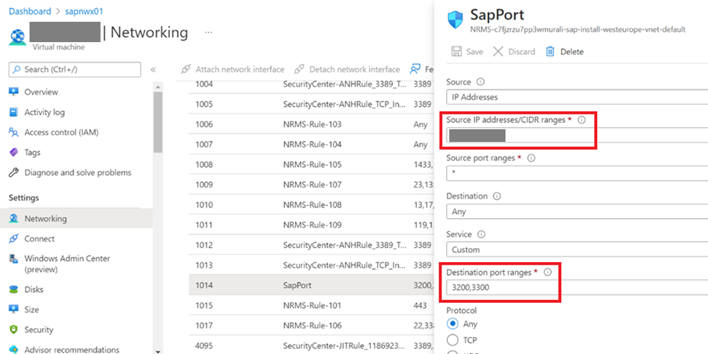 Snímek obrazovky konfigurace sítě webu Azure Portal pro přidání pravidel zabezpečení sítě pro modul runtime pro připojení k systémům SAP