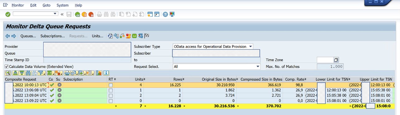 Snímek obrazovky s nástrojem SAP ODQMON se zobrazenými požadavky na rozdílovou frontu
