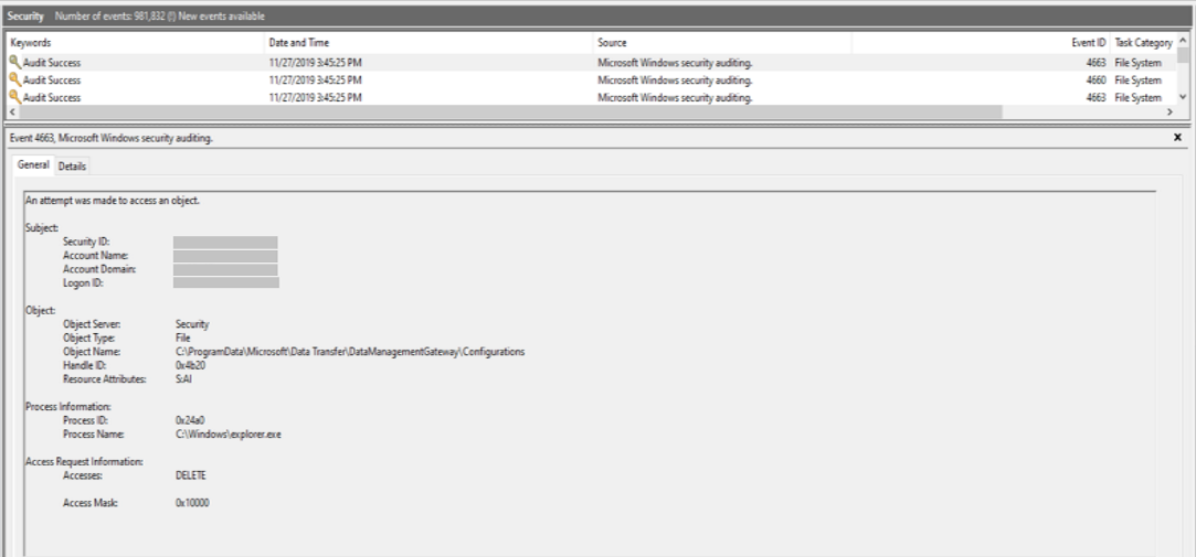 Snímek obrazovky s podoknem podrobností protokolu událostí pro kontrolu souboru Konfigurace