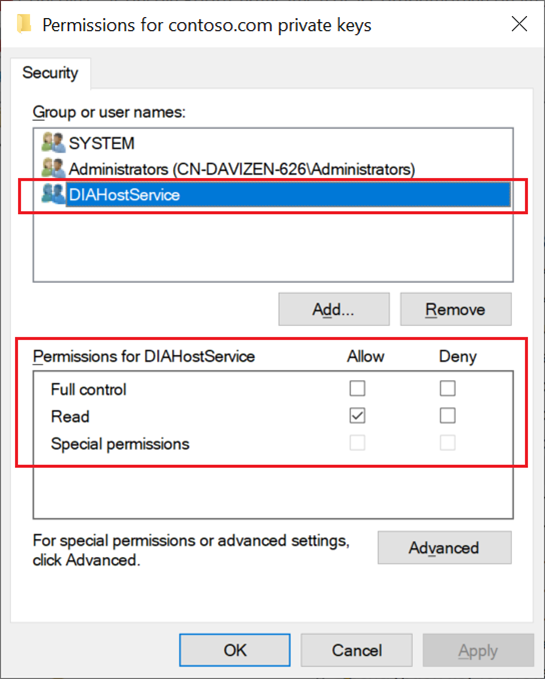 Snímek obrazovky, který ukazuje, že účet služby pro místní prostředí Integration Runtime má oprávnění ke čtení k privátním klíčům certifikátu.