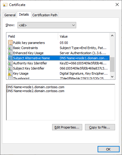 Snímek obrazovky znázorňující generování certifikátu v alternativním názvu subjektu