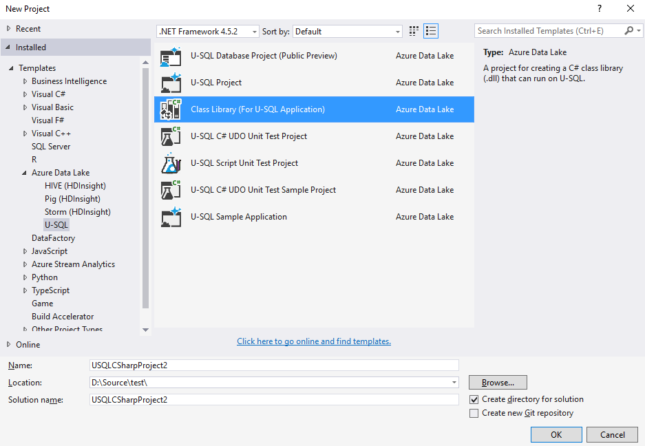 Data Lake Tools for Visual Studio – Vytvoření projektu knihovny tříd jazyka C#