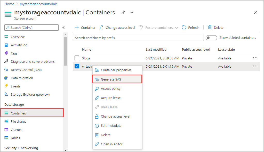 Snímek obrazovky s možností Generovat SAS pro kontejner objektů blob na webu Azure Portal