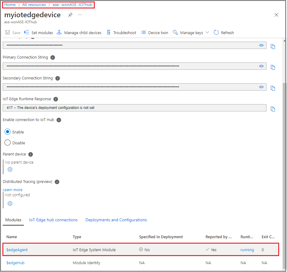 Snímek obrazovky se stavem modulu runtime IoT Edge na webu Azure Portal