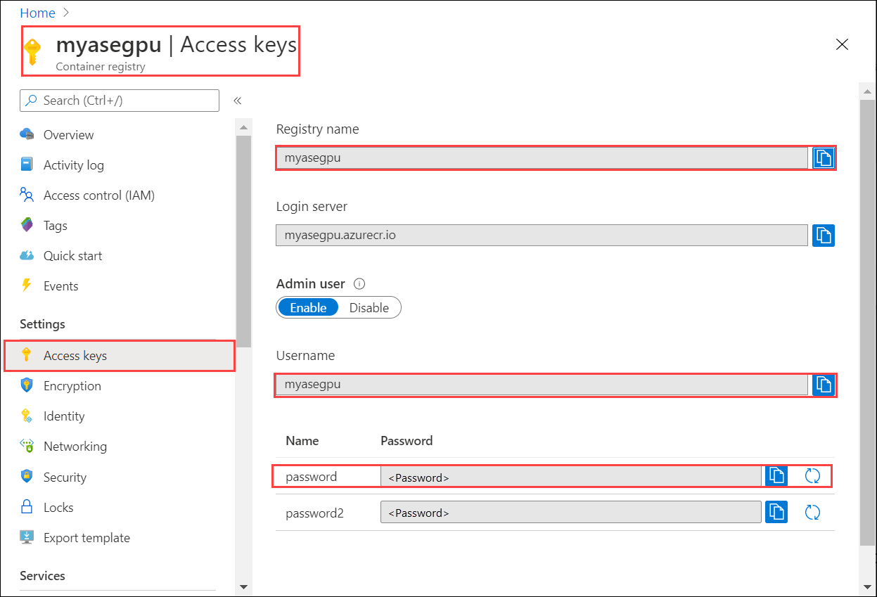 Access keys in your container registry