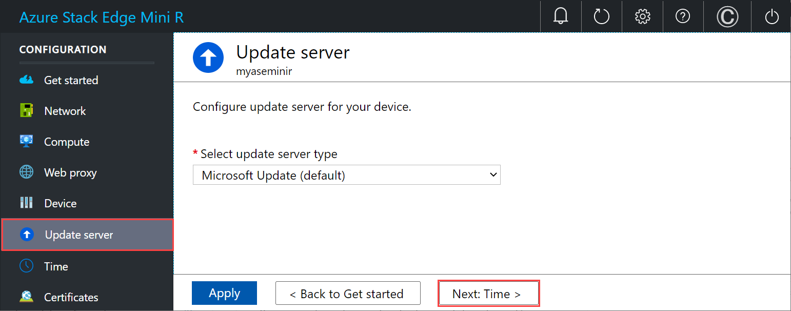 Stránka Místní webové uživatelské rozhraní Update Server