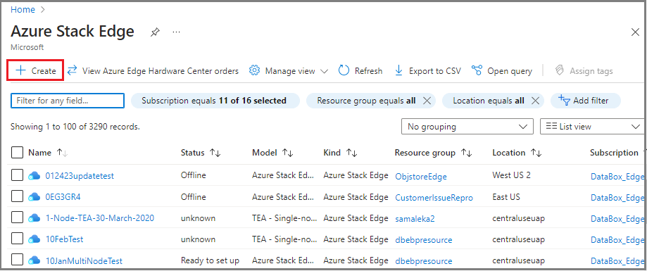 Snímek obrazovky se stránkou Azure Stack Edge na webu Azure Portal Je zvýrazněná možnost Vytvořit prostředek.