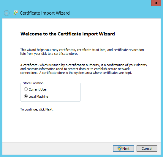 Průvodce importem certifikátu, Windows Server