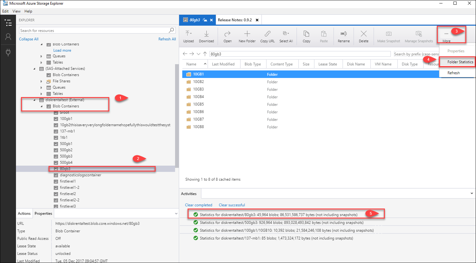 Snímek obrazovky znázorňující statistiku složky pro objekt blob v Průzkumník služby Azure Storage Jsou vybrané kontejnery objektů blob, objekt blob a složka. Možnost Statistika složky a sada statistik jsou zvýrazněné.