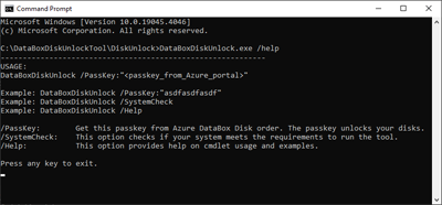 Snímek obrazovky znázorňující výstup příkazu Nápovědy k nástroji Data Box Unlock