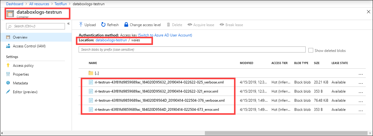 Snímek obrazovky s protokoly chyb a podrobnými protokoly v účtu úložiště pro Data Box Disk pořadí Azure Jsou zvýrazněné protokoly v kontejnerech W-A-I-E-S.