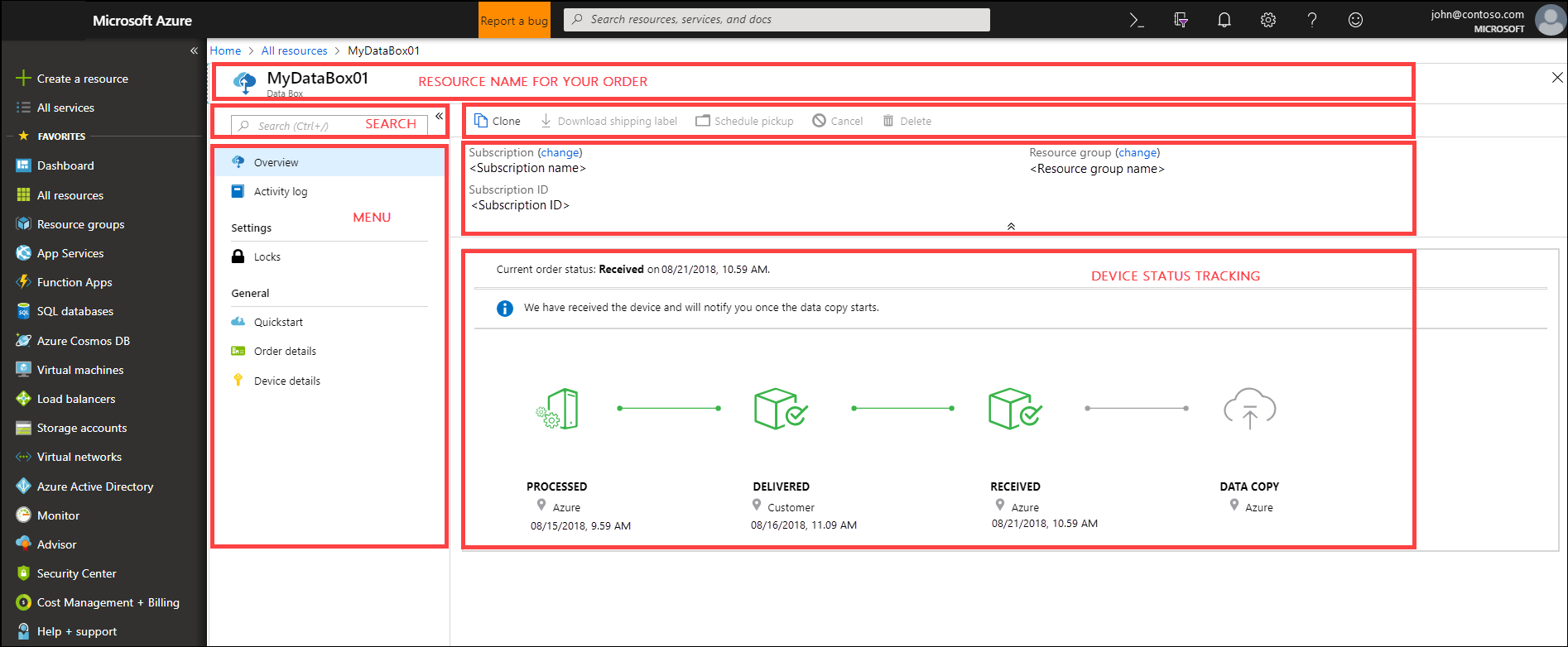 Služba Data Box na webu Azure Portal