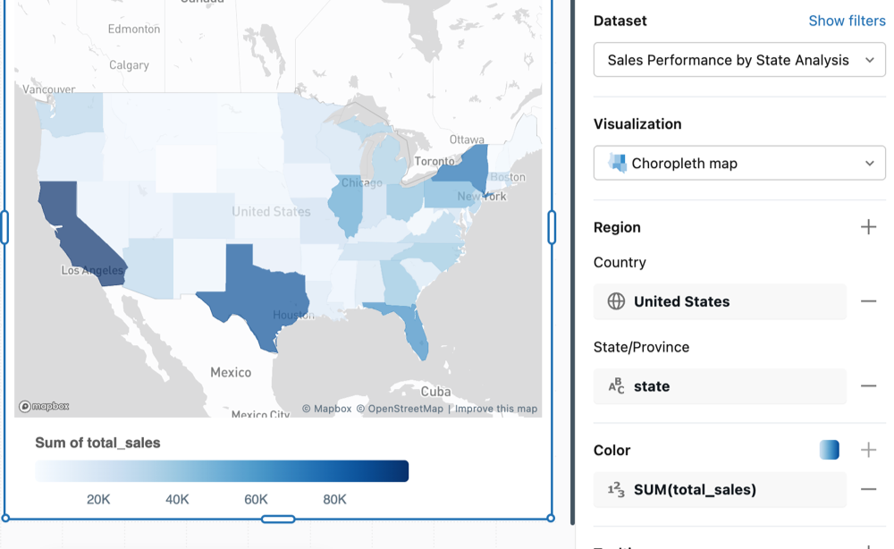 Příklad mapy Choropleth zobrazující celkový prodej podle státu USA