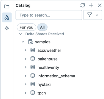 Levé podokno v editoru SQL obsahuje karty pro prohlížeč souborů pracovního prostoru, prohlížeč schémat a Databricks Assistant.