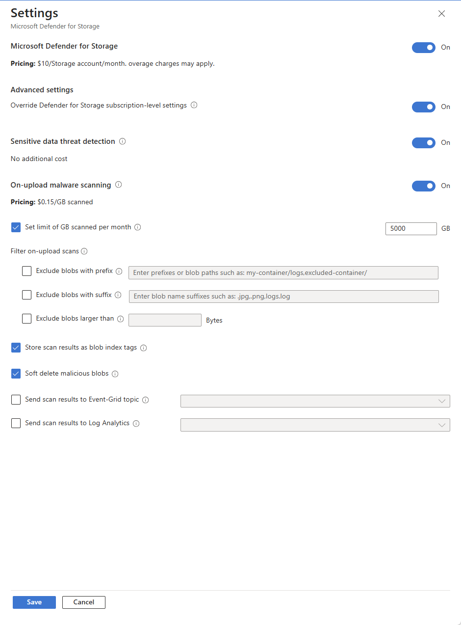 Snímek obrazovky se stránkou upřesňujícího nastavení v programu Microsoft Defender for Storage