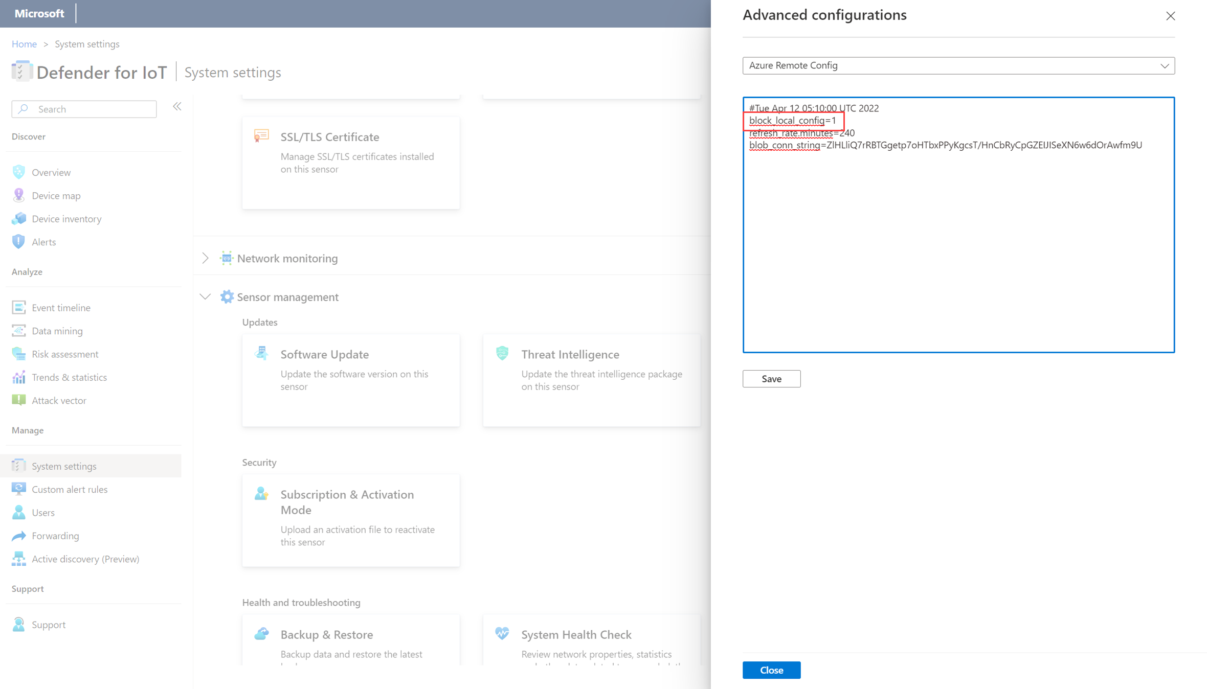 Screenshot of the Azure Remote Config option.