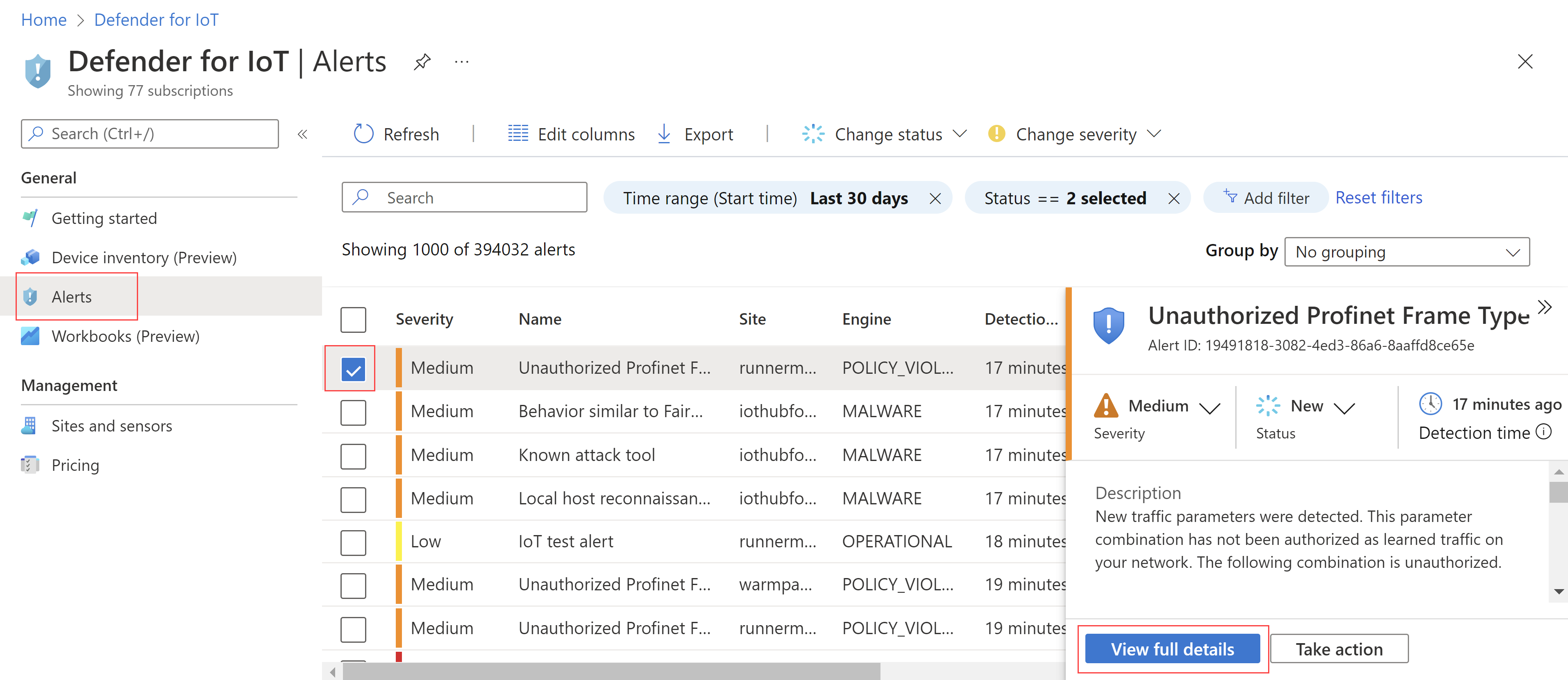 Snímek obrazovky s upozorněním vybraným na stránce Upozornění na webu Azure Portal