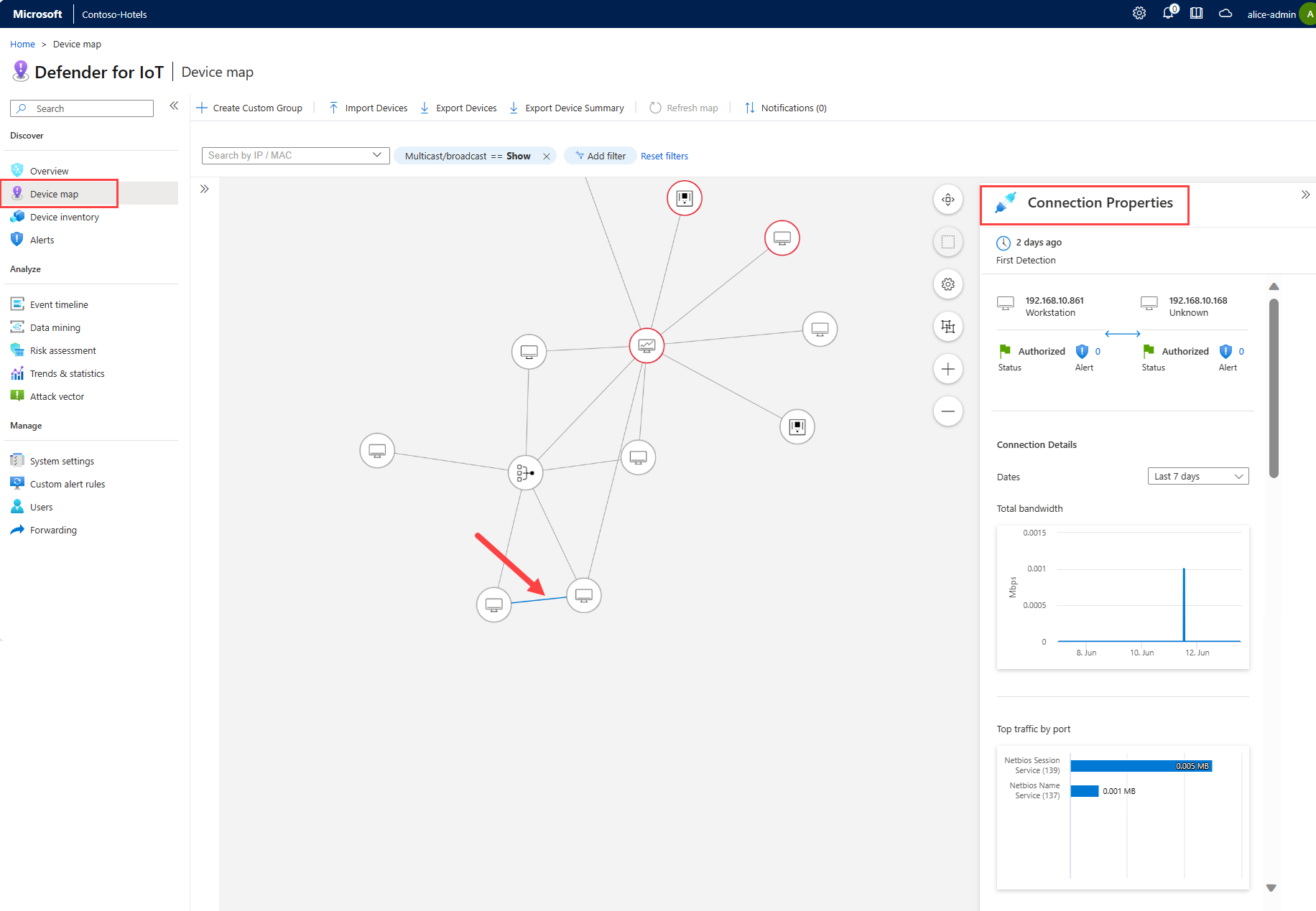 Screenshot of connection properties on the device map.