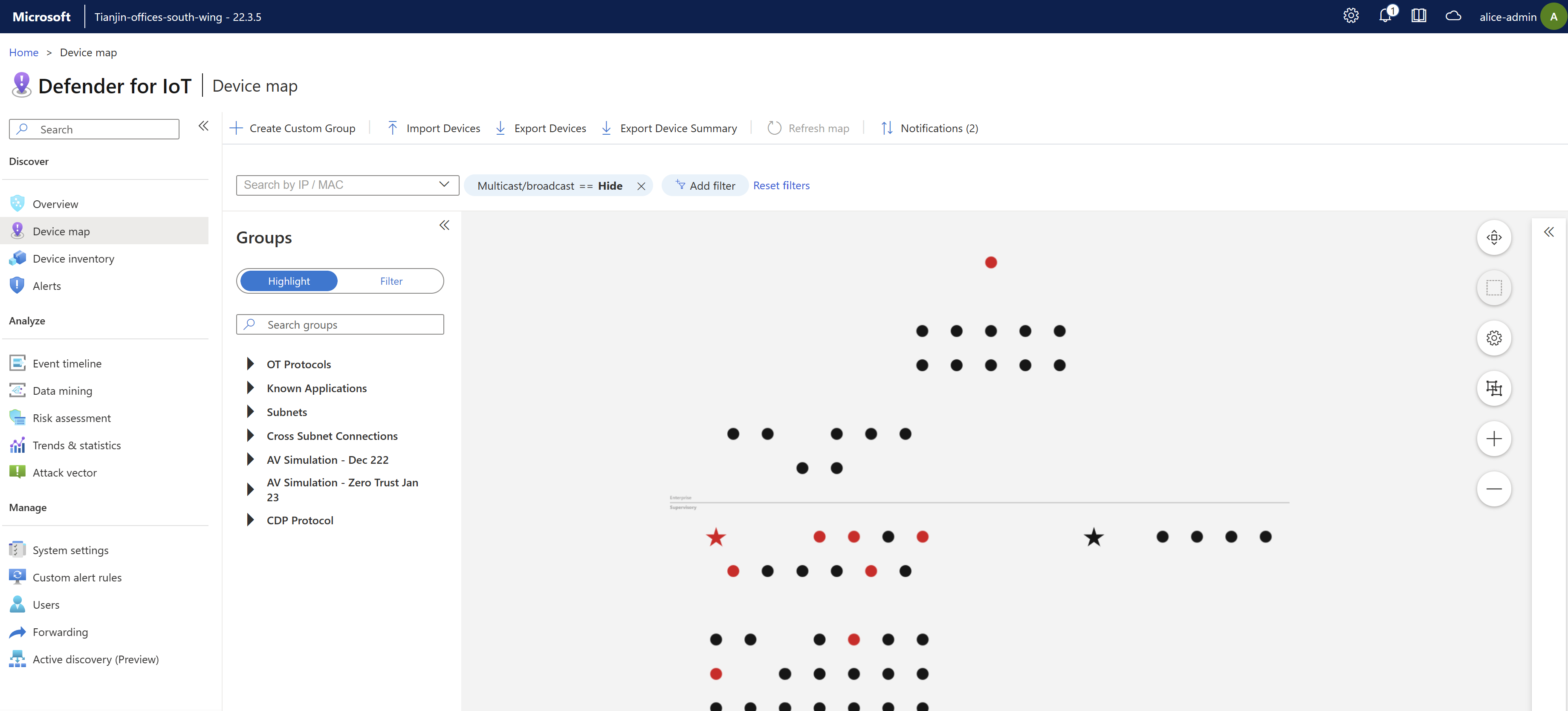 Screenshot of a default view of an OT sensor's device map.