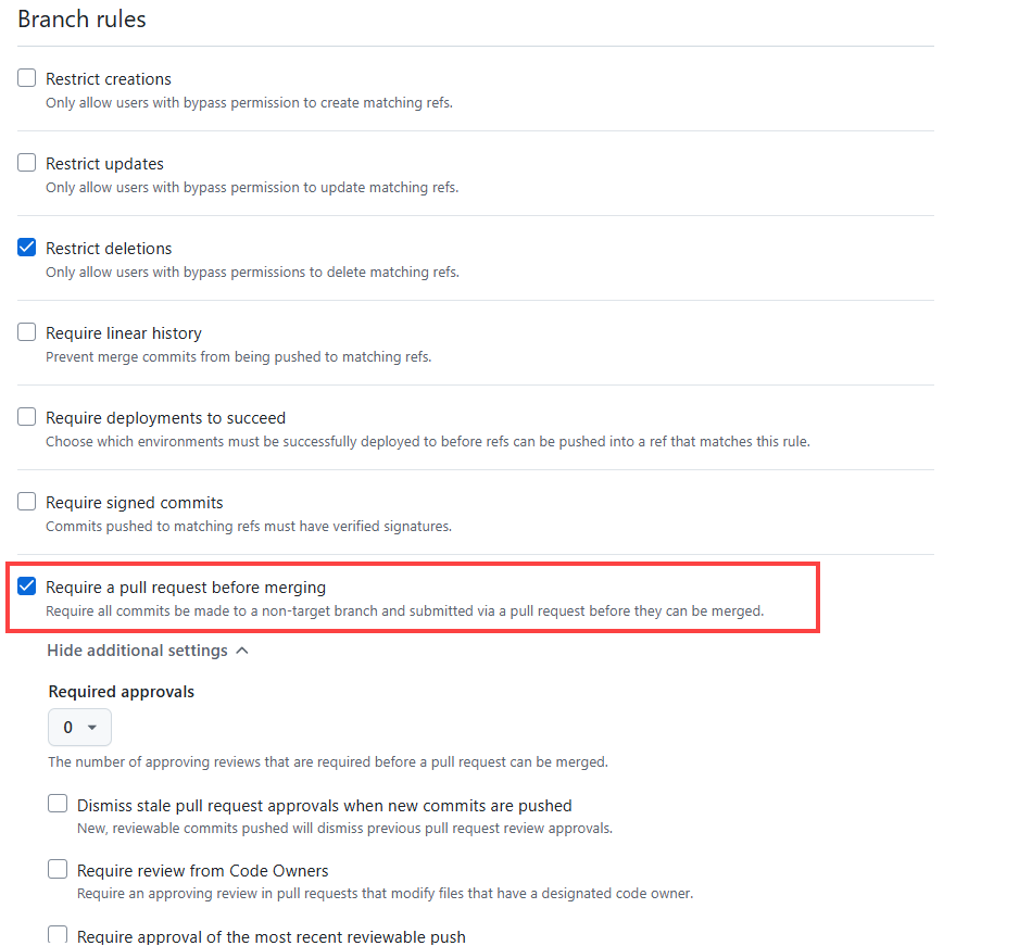 Screenshot showing protect matching branches with Require a pull request before merging selected and highlighted.