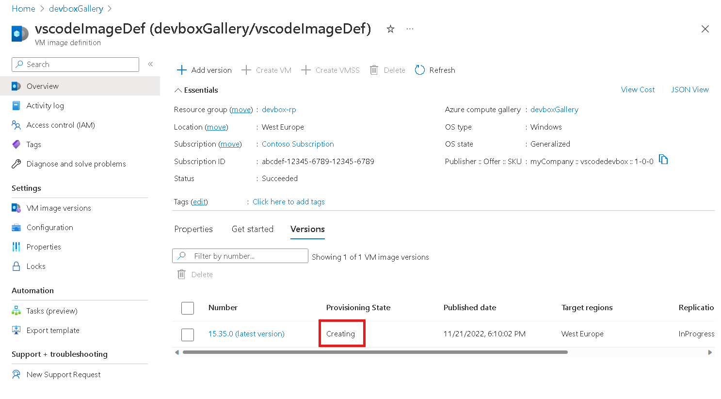 Snímek obrazovky znázorňující stav zřizování přizpůsobené verze image