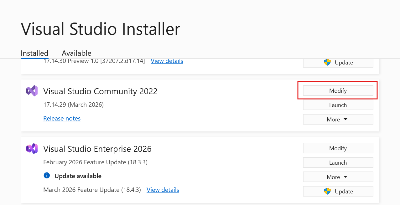 Screenshot, který zobrazuje instalační program Visual Studio se zvýrazněným tlačítkem Upravit.